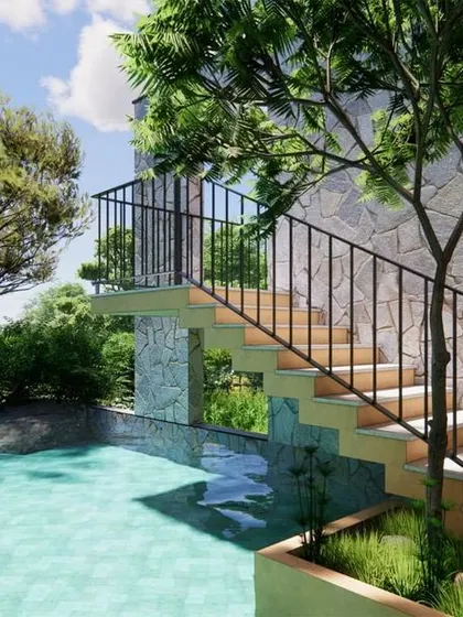 The swimming pool at our Earth Abode project is integrated directly with the architecture. A staircase appears to rise directly from the water, leading to an upper level, blurring the lines between landscape, water, and home.