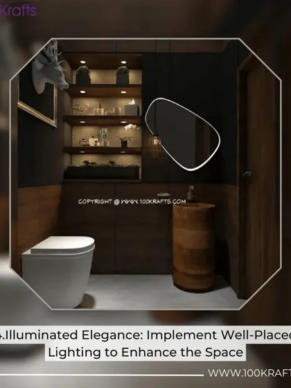 Illuminated elegance is key to a great bathroom design. This space uses well-placed lighting in the display niches and around the mirror to enhance the rich wooden textures and create a warm ambiance.