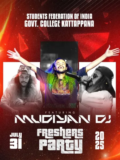 The official poster for a Freshers Party at Govt. College Kattappana, featuring me in a high-energy pose.
