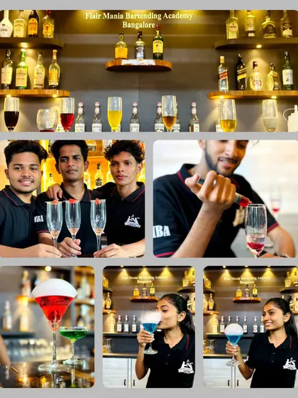 A collage showcasing various moments from our cocktail class in Bangalore, including students making and enjoying molecular drinks.