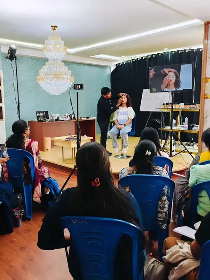 Here is a view of one of my live upskill courses in Bangalore. I believe in demonstration-based learning, where students can see every technique up close and ask questions in real time. The setup includes a live feed monitor so no detail is missed.