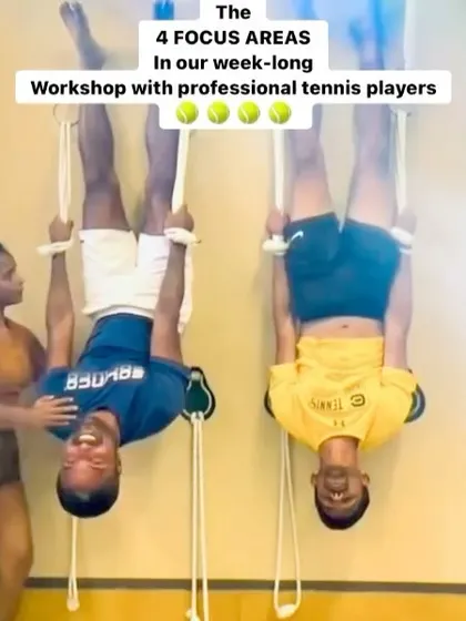 Two professional tennis players exploring inverted poses with the wall ropes. This is part of our yoga for athletes workshop, focusing on recovery, spinal health, and building a different kind of strength.