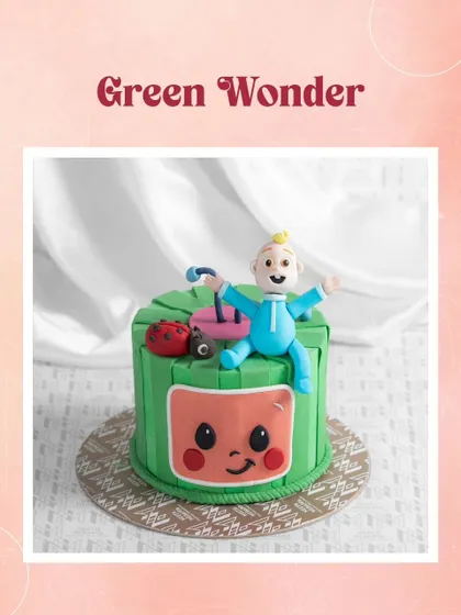 This image highlights the Cocomelon cake as a "Green Wonder," perfect for a vibrant and fun-filled birthday party.
