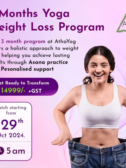 An advertisement for our 3-Month Yoga Weight Loss Program. This holistic program offers lasting results through dedicated Asana practice and personalized support, with batches starting at 5 AM.
