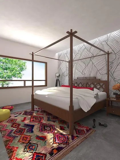 This concept for a newlywed's home embraces a bohemian style with a four-poster bed, concrete floors, and handwoven textiles. The design focuses on natural, antique-finish materials to create an eclectic and personal space without unnecessary ornamentation.