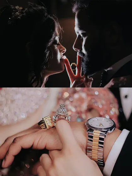 A creative collage showing both a playful ring pose and a close up of the rings on their hands, highlighting the beautiful details.