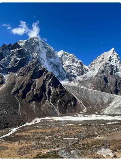 The breathtaking, rugged landscape of the Khumbu Valley on the way to EBC. The sheer scale of the mountains here, like Cholatse and Taboche, is truly humbling.