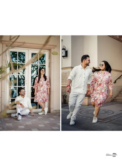 A diptych showing both a relaxed pose and a candid shot of the couple running hand-in-hand. It perfectly captures the blend of styled and spontaneous moments.