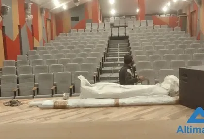 Our team is seen here during the installation phase on the main stage. We were responsible for everything, including the setup of large-format speakers and the careful unpacking and placement of sensitive AV equipment.