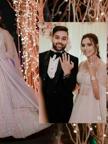 The couple showing off their engagement rings, a key moment of the ceremony.