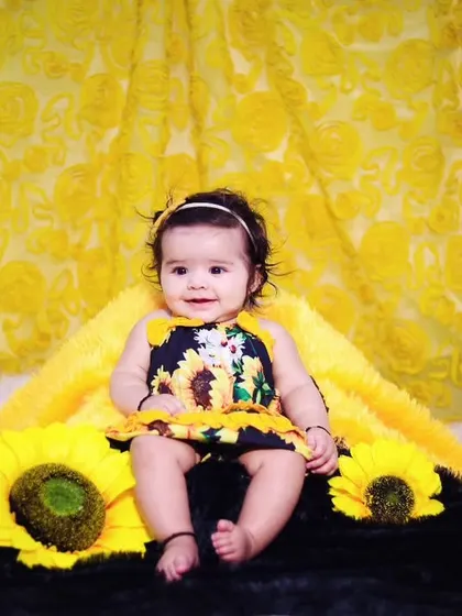 A wider view of the sunflower theme, showing the vibrant yellow backdrop and props.