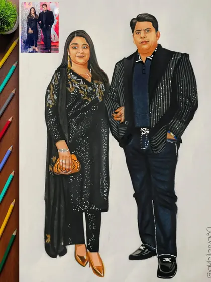 This A2 size full-length portrait captures a couple dressed up for an event. I used colored pencils to detail the sparkling texture of their black outfits.