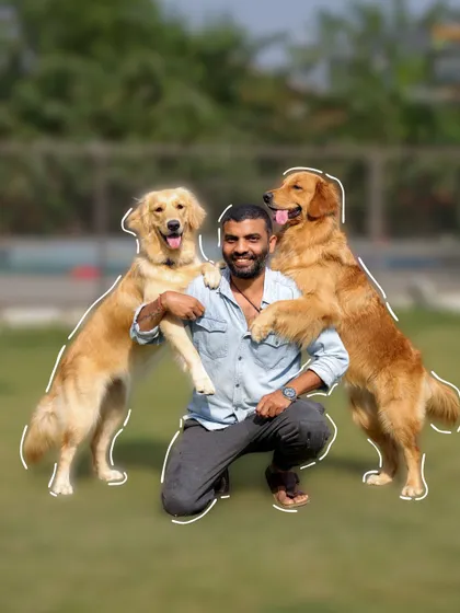 This guest is getting double the love, with two happy Golden Retrievers jumping up for a hug.