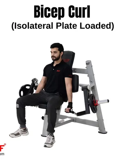 A side view of a user on the Isolateral Bicep Curl machine, showing proper posture and arm placement.