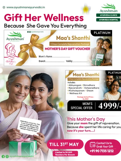 Our premium Mother's Day offering, the 'Maa's Shanthi' Platinum voucher, was a 3-day complete rejuvenation package. This comprehensive experience included multiple therapies and a wellness kit, showing the deepest appreciation through the gift of health.
