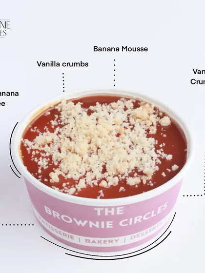 A deconstruction of our Banana Caramel Cake Tub, showing the layers of fresh banana toffee, banana mousse, and vanilla crumbs that make it so delicious.