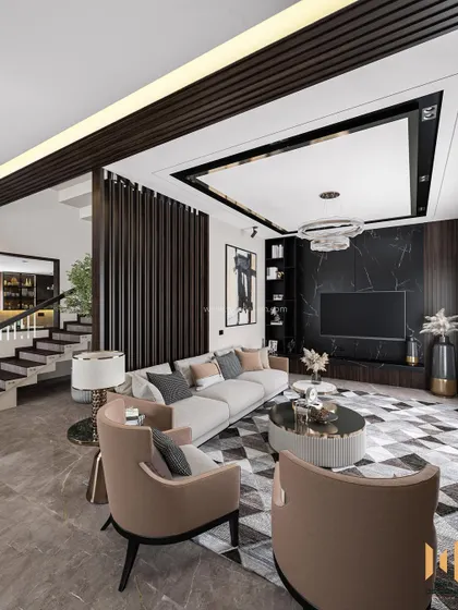 This angle showcases the grand scale of the living room, with its high-contrast TV wall featuring black marble and dark wood shelving.