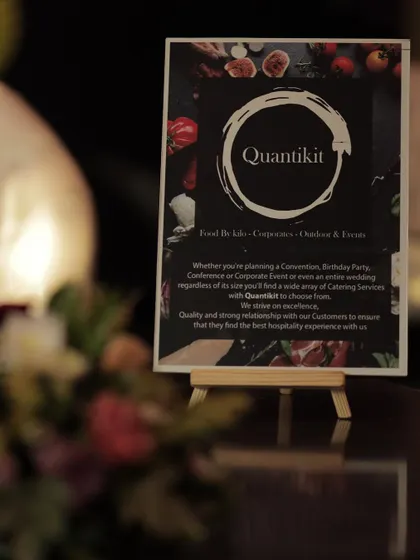 My branding on display at an event. This sign details my services for corporate events, outdoor parties, and weddings, emphasizing my focus on quality, strong relationships, and providing the best hospitality experience.