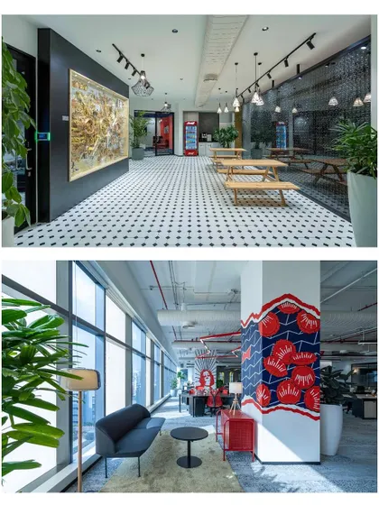 This split image shows two key art installations at the AbInbev office. The top features a kinetic art piece made from repurposed beer cans, and the bottom shows a hand-painted column that adds a splash of color to the main workspace.