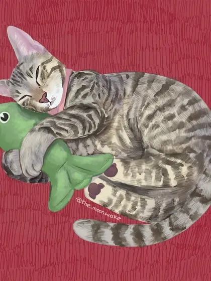 Here is Mozzarella cuddling with her favorite fish toy. Capturing these small, personal moments is what makes a pet portrait so special. This was a digital piece done on my iPad.