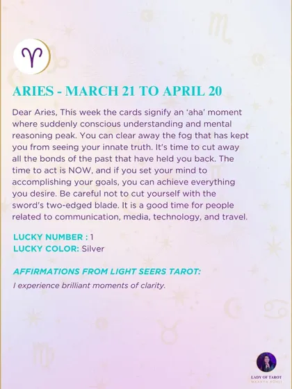 A weekly tarot prediction for Aries. The cards signify an 'aha' moment where you can clear away the fog that has kept you from seeing your innate truth. The time to act is now.