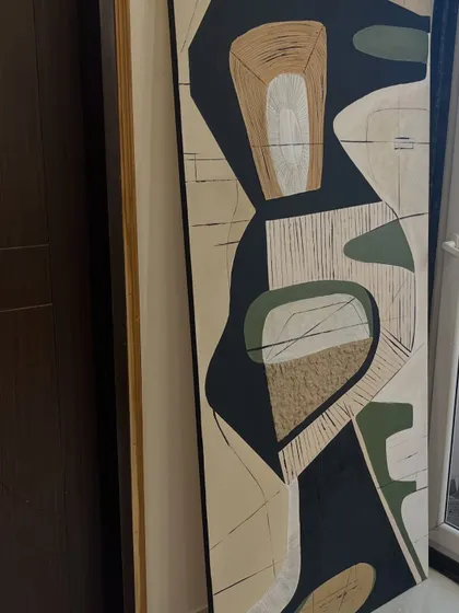 A detail shot of the large Mumbai abstract, showing the combination of painted shapes, etched lines, and textured sections.