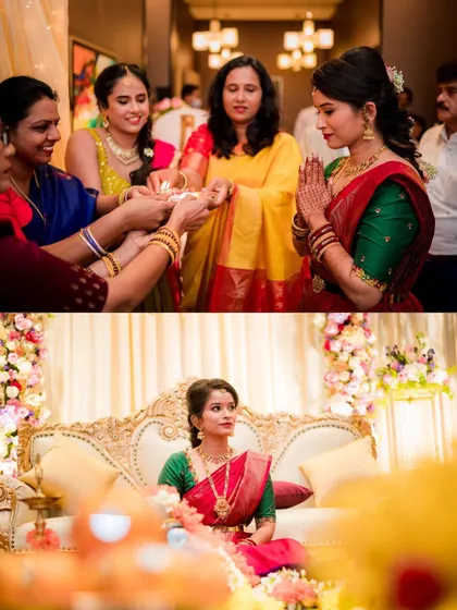 A collage from an engagement ceremony, showing the bride-to-be receiving blessings and seated elegantly on a grand sofa.
