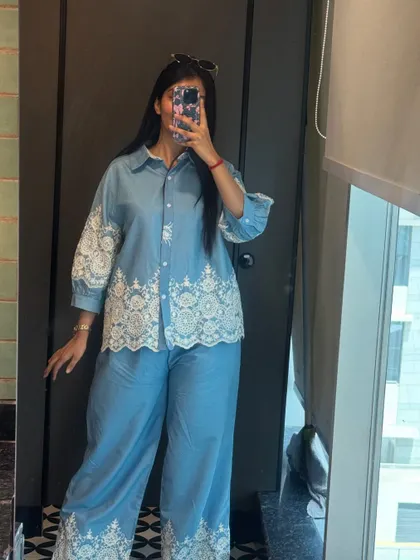 A beautiful blue co-ord set with lace details. This is another one of my favorite summer finds, perfect for a chic, monochrome look.