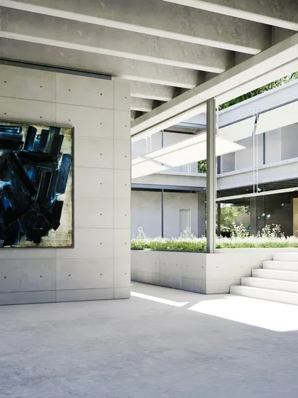 An interior render of the farmhouse, where a large abstract painting is displayed on a precast concrete panel wall. The space opens onto a courtyard, blurring the line between art gallery and home.