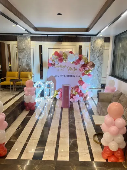 The full lobby setup for the 20th birthday party.