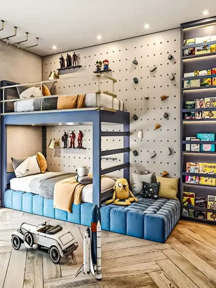 A boy's bedroom designed for adventure, featuring a sturdy bunk bed, a rock-climbing wall, and a cozy reading nook. The open shelving is perfect for displaying toys and books.