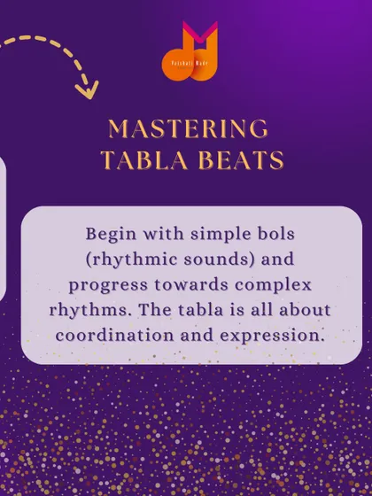 This graphic explains the process of mastering tabla beats, starting with simple 'bols' (rhythmic sounds) and progressing to complex rhythms that require coordination and expression.