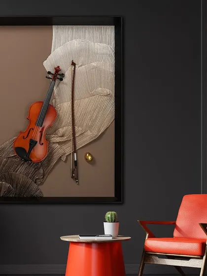 Here is another view of our classic violin shadow box, shown in a cozy reading corner. Its sophisticated design complements both modern and traditional interiors.