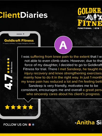 This client was suffering from knee pain so severe she couldn't climb stairs. In just one month of injury recovery and knee strengthening exercises with my trainer Sandeep, her pain was reduced and she's feeling much better.