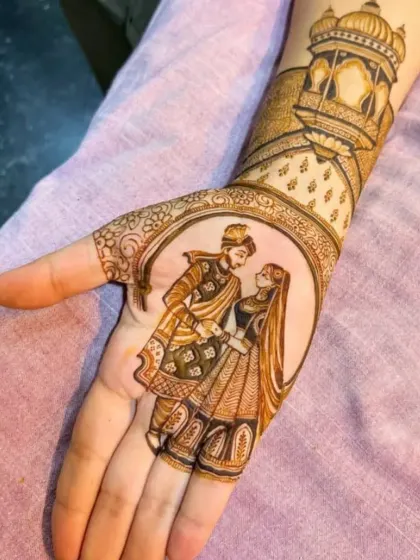 Another angle of the bride and groom portrait, showing the fine line work and shading that brings the figures to life on the palm.