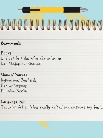 A German learner's recommendation list, including books, movies, and a personal tip: teaching A1 batches helped him improve his own basics.