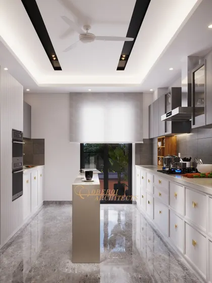 A modern parallel kitchen with a minimalist island, handleless white cabinets, and sleek grey upper units. The design prioritizes clean lines and functionality.
