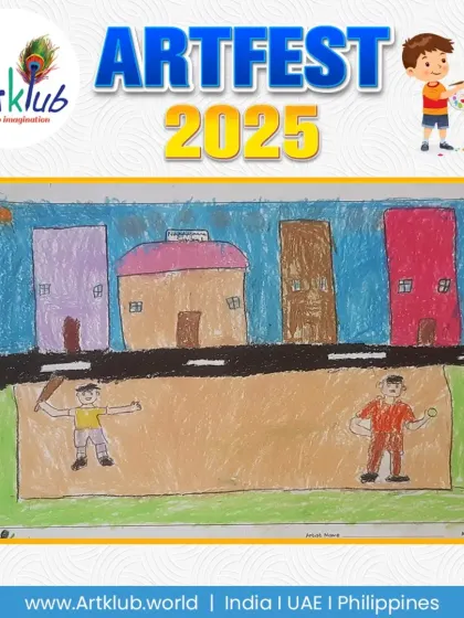 This junior artwork depicts a game of street cricket. Two players are shown on a pitch with buildings in the background, capturing a common urban scene.