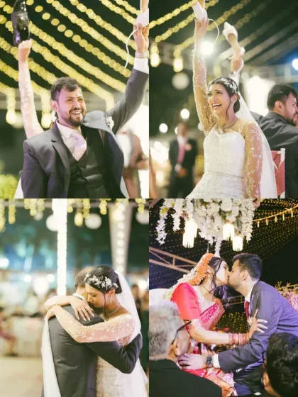 A collage of fun and celebratory moments from the reception, including the shoe game and a heartfelt embrace. These images capture the unique traditions and emotions of the day.