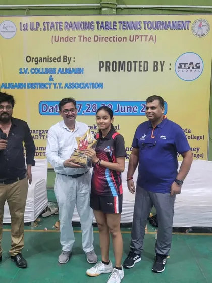 Anokhi Keshari receiving her Gold Medal at the 1st UP State Ranking Table Tennis Tournament in Aligarh. She was the champion in the U-15 Girls category.