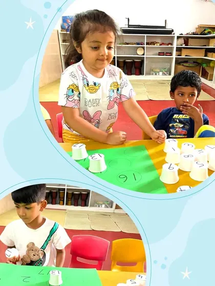 This collage shows different children enjoying the cup-and-number matching game. It highlights how a single, simple activity can engage multiple children in developing their numeracy skills.