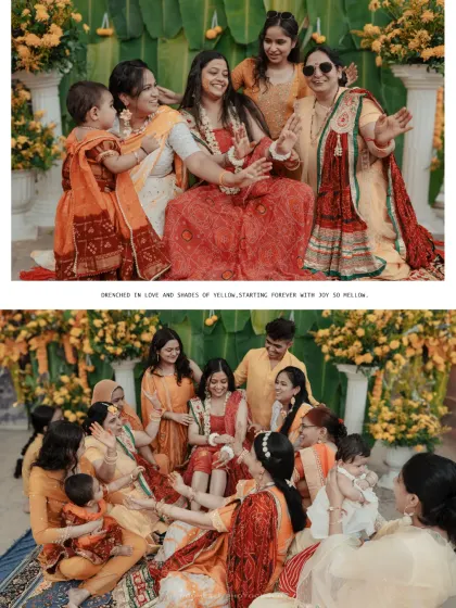 The bride surrounded by her family, all dressed in shades of yellow and red, sharing in the joy of the ritual.