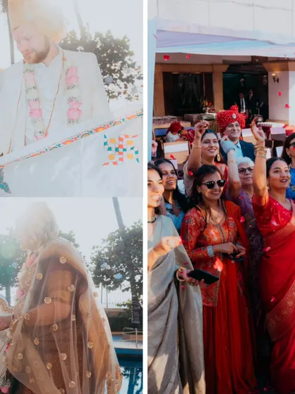 A split view of the wedding, showing the couple's grand entrance and the happy reactions of their guests, capturing the full scope of the celebration.