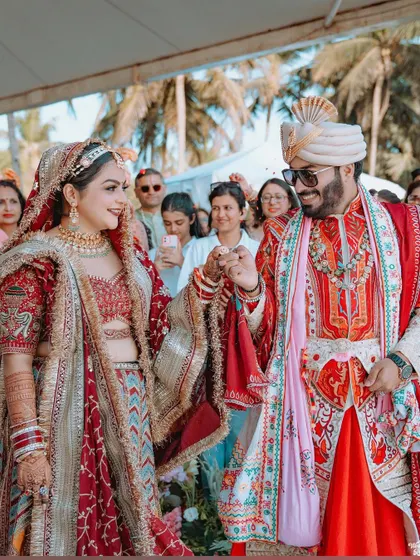 The couple shares a look of love and happiness during their wedding ceremony.