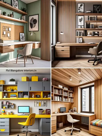 A collage of four different home office and study desk concepts. We showcase a range of styles, from minimalist floating desks to full-wall library units, all tailored to your needs.