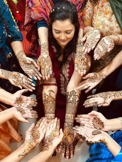Mehendi is a celebration for everyone. While I focus on creating a personalized masterpiece for the bride, my team ensures that her entire bridal party, her bridesmaids and family, receive beautiful and intricate designs of their own.