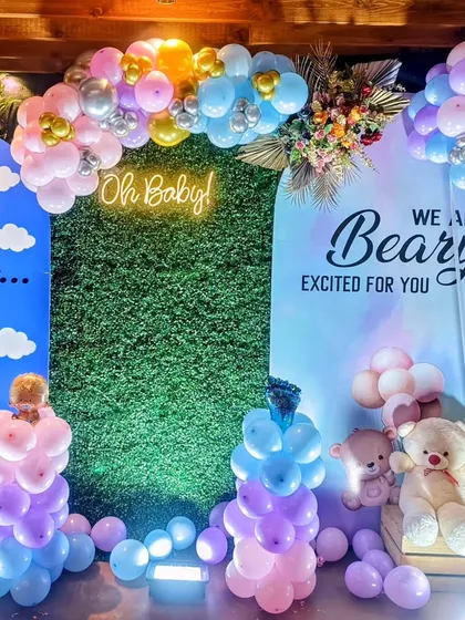 Another view of the modern baby shower setup.