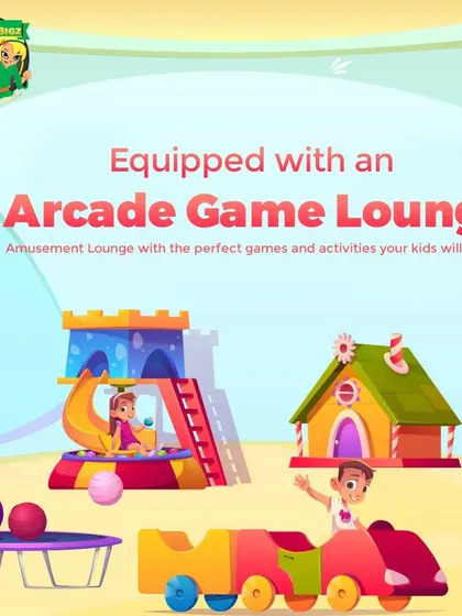 A graphic highlighting our well-equipped Arcade Game Lounge as a key feature for kids to enjoy.