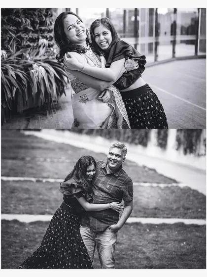 A black and white collage showing a daughter hugging her mom and dad. These candid hugs are full of genuine emotion and make for timeless family portraits.