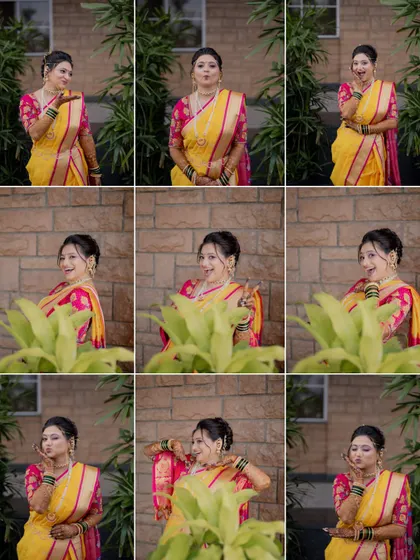 A fun collage of a bride's many moods and playful poses, showcasing her personality and beautiful traditional Maharashtrian attire.